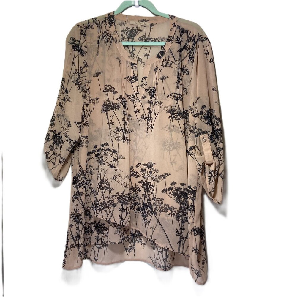 My Danielle Woman’s XL Long Sleeve , Tan/Black Sheer Floral, Ruched detail Boho